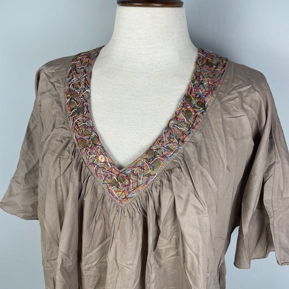 Roberta Freyman Tan Ecru Embroidered Collar Top Small - Picture 2 of 5